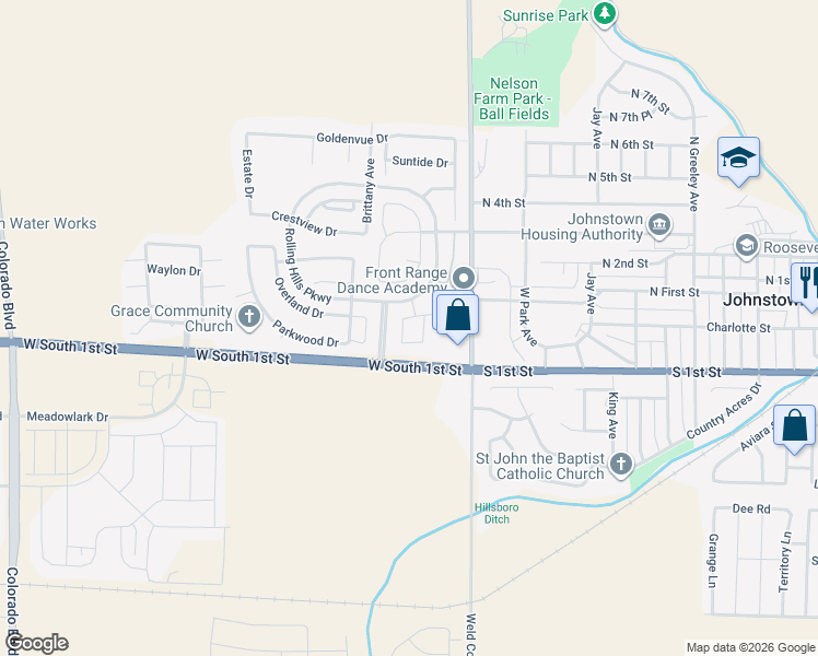 map of restaurants, bars, coffee shops, grocery stores, and more near 1851 Laurus Lane in Johnstown