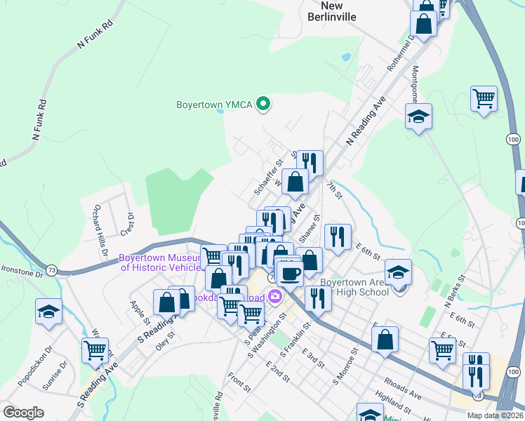map of restaurants, bars, coffee shops, grocery stores, and more near 100 Schaeffer Street in Boyertown