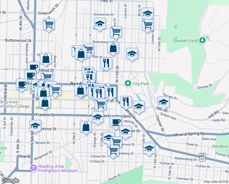 map of restaurants, bars, coffee shops, grocery stores, and more near 44 North 11th Street in Reading