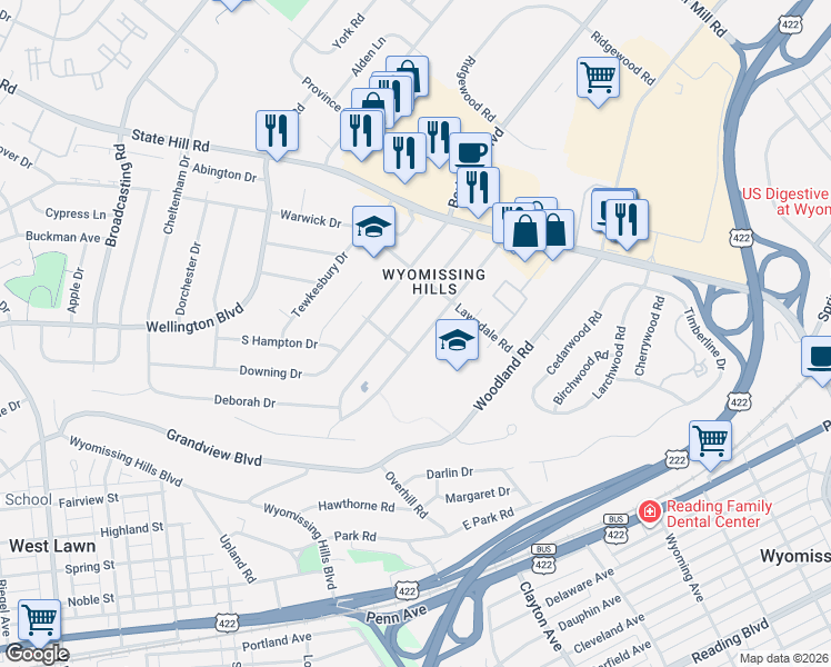 map of restaurants, bars, coffee shops, grocery stores, and more near 38 Wingert Road in Reading