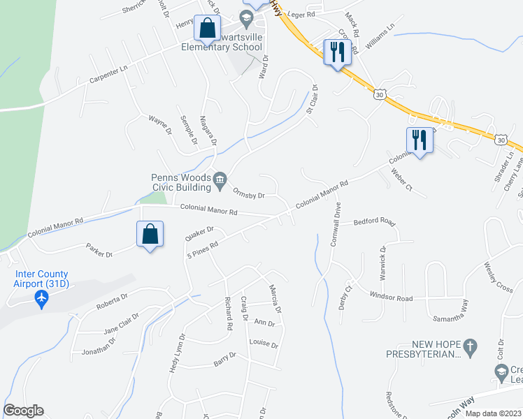 map of restaurants, bars, coffee shops, grocery stores, and more near 13608 Ormsby Drive in Irwin