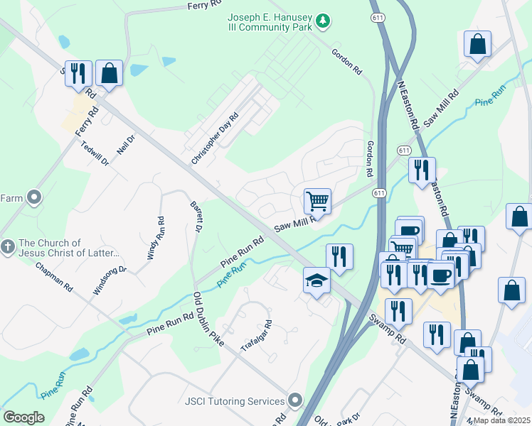 map of restaurants, bars, coffee shops, grocery stores, and more near 3642 Nancy Ward Circle in Doylestown