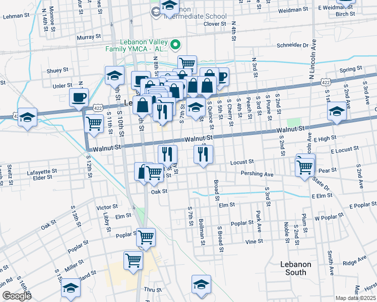 map of restaurants, bars, coffee shops, grocery stores, and more near 642 Union Street in Lebanon