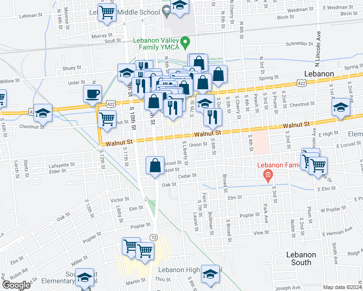 map of restaurants, bars, coffee shops, grocery stores, and more near 727 Union Street in Lebanon