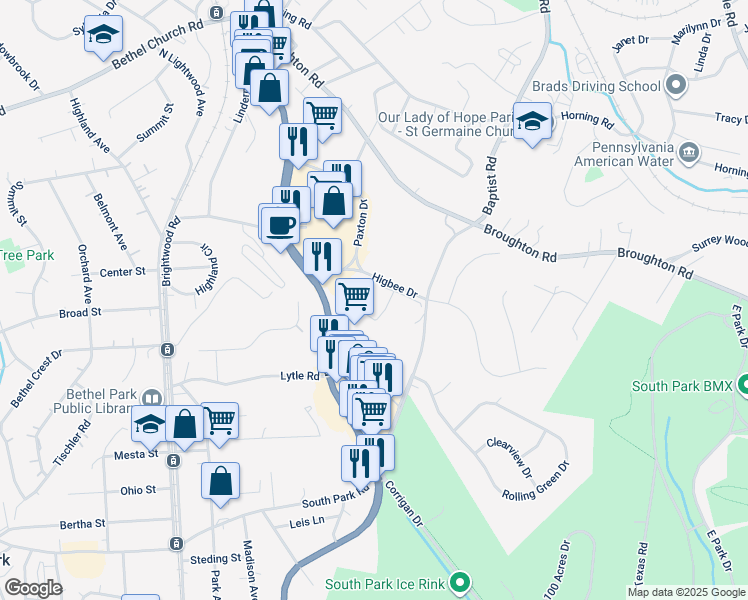 map of restaurants, bars, coffee shops, grocery stores, and more near 7166 Baptist Road in Bethel Park