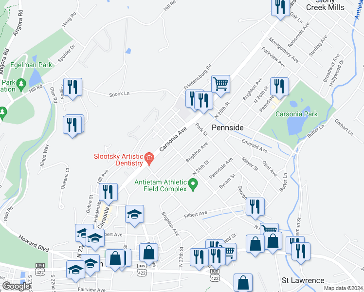 map of restaurants, bars, coffee shops, grocery stores, and more near 608 North 25th Street in Reading
