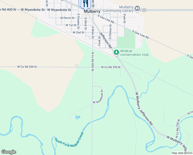 map of restaurants, bars, coffee shops, grocery stores, and more near 3473 N County Road 850 West in Mulberry