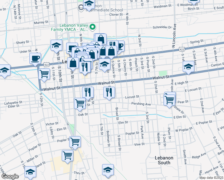 map of restaurants, bars, coffee shops, grocery stores, and more near 214 South 6th Street in Lebanon