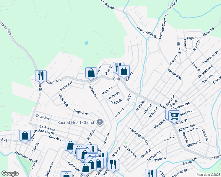 map of restaurants, bars, coffee shops, grocery stores, and more near 525 North 8th Street in Jeannette