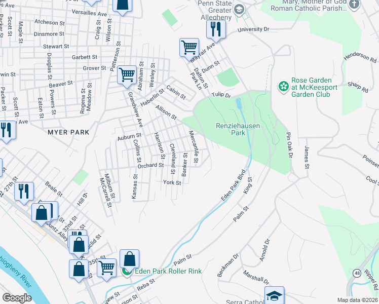 map of restaurants, bars, coffee shops, grocery stores, and more near 2418 Mercantile Street in McKeesport