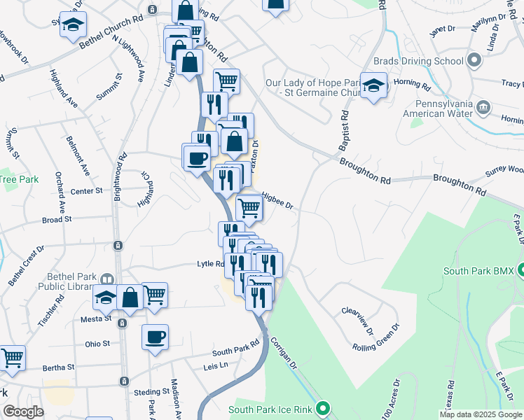 map of restaurants, bars, coffee shops, grocery stores, and more near 7166 Baptist Road in Bethel Park