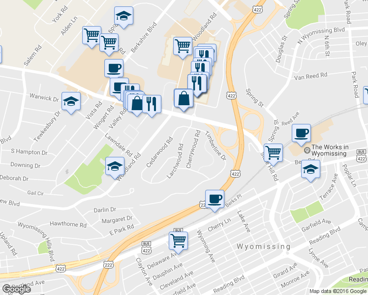 map of restaurants, bars, coffee shops, grocery stores, and more near 12 Larchwood Road in Reading