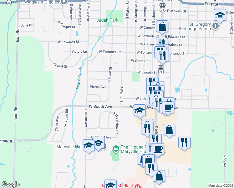 map of restaurants, bars, coffee shops, grocery stores, and more near 959-1021 South Dunn Street in Maryville
