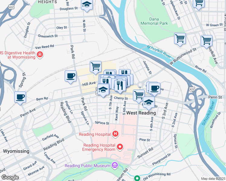 map of restaurants, bars, coffee shops, grocery stores, and more near 643 Penn Avenue in West Reading