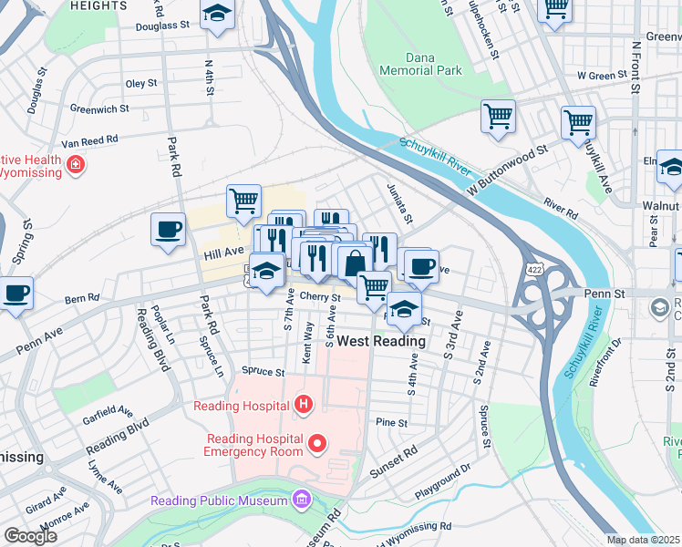 map of restaurants, bars, coffee shops, grocery stores, and more near 28 North 6th Avenue in West Reading