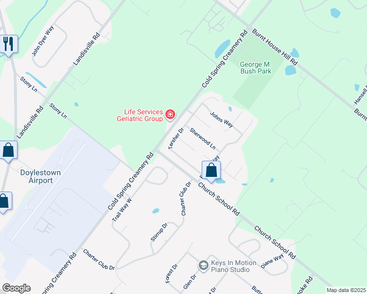map of restaurants, bars, coffee shops, grocery stores, and more near 3950 Heather Lane in Doylestown
