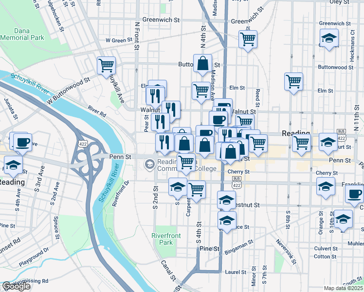 map of restaurants, bars, coffee shops, grocery stores, and more near 23 North 3rd Street in Reading