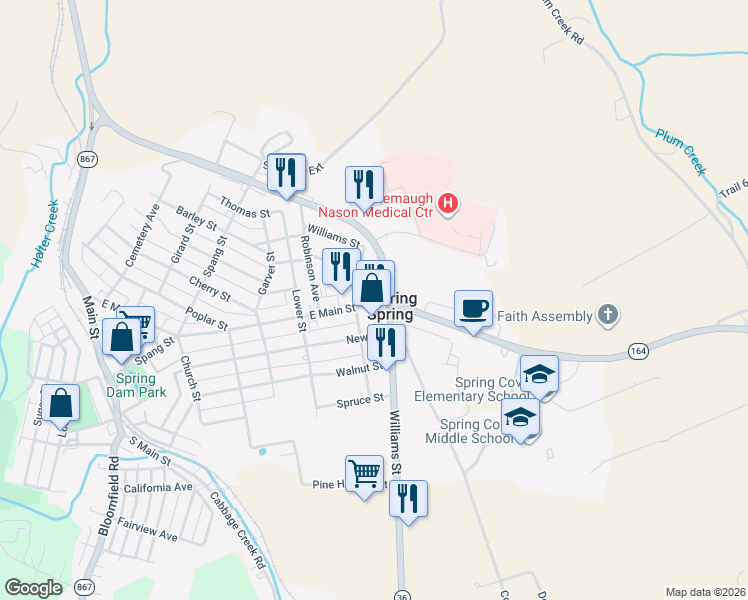 map of restaurants, bars, coffee shops, grocery stores, and more near in Roaring Spring