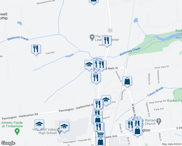 map of restaurants, bars, coffee shops, grocery stores, and more near 4 Tree Farm Road in Pennington