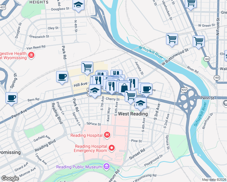 map of restaurants, bars, coffee shops, grocery stores, and more near 28 North 6th Avenue in West Reading