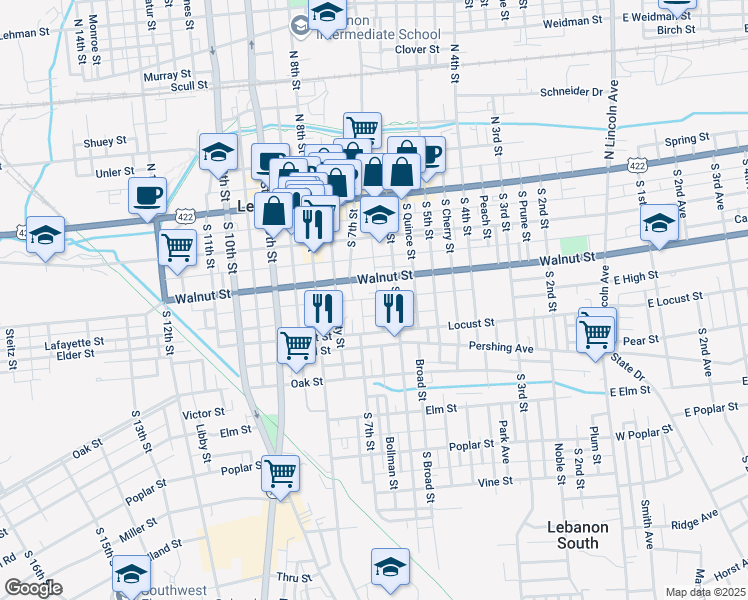 map of restaurants, bars, coffee shops, grocery stores, and more near 628 Union Street in Lebanon