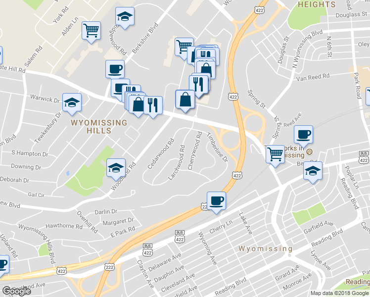 map of restaurants, bars, coffee shops, grocery stores, and more near 12 Larchwood Road in Wyomissing