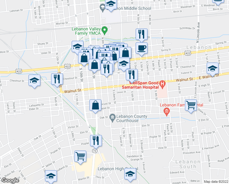 map of restaurants, bars, coffee shops, grocery stores, and more near 719 South Liberty Street in Lebanon