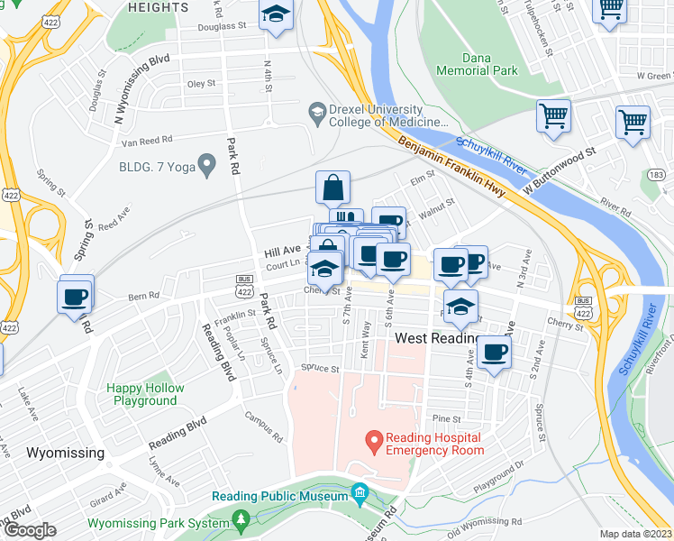 map of restaurants, bars, coffee shops, grocery stores, and more near 711 Penn Avenue in West Reading