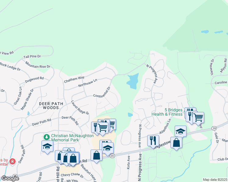 map of restaurants, bars, coffee shops, grocery stores, and more near 2437 Newtown Drive in Harrisburg