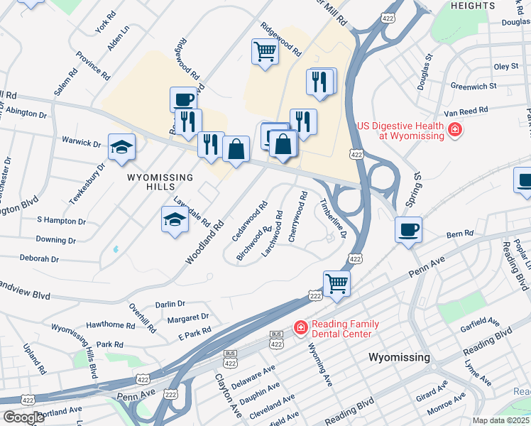 map of restaurants, bars, coffee shops, grocery stores, and more near 18 Cedarwood Rd in Wyomissing