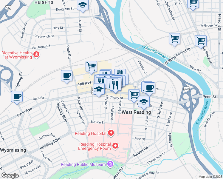 map of restaurants, bars, coffee shops, grocery stores, and more near 646 Reading Avenue in West Reading