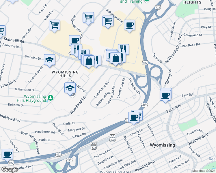 map of restaurants, bars, coffee shops, grocery stores, and more near 18 Cedarwood Rd in Wyomissing