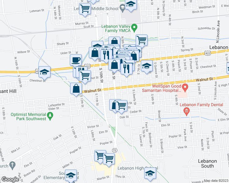 map of restaurants, bars, coffee shops, grocery stores, and more near 209 South 9th Street in Lebanon