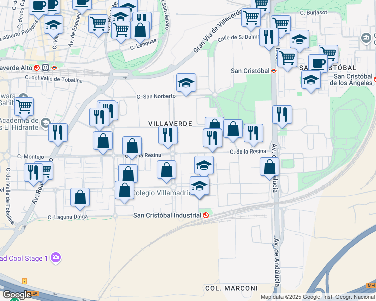 map of restaurants, bars, coffee shops, grocery stores, and more near 18 Calle de la Resina in Madrid