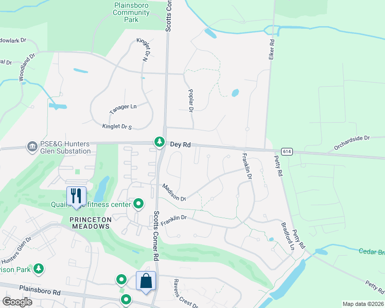 map of restaurants, bars, coffee shops, grocery stores, and more near 118 Dey Road in East Windsor