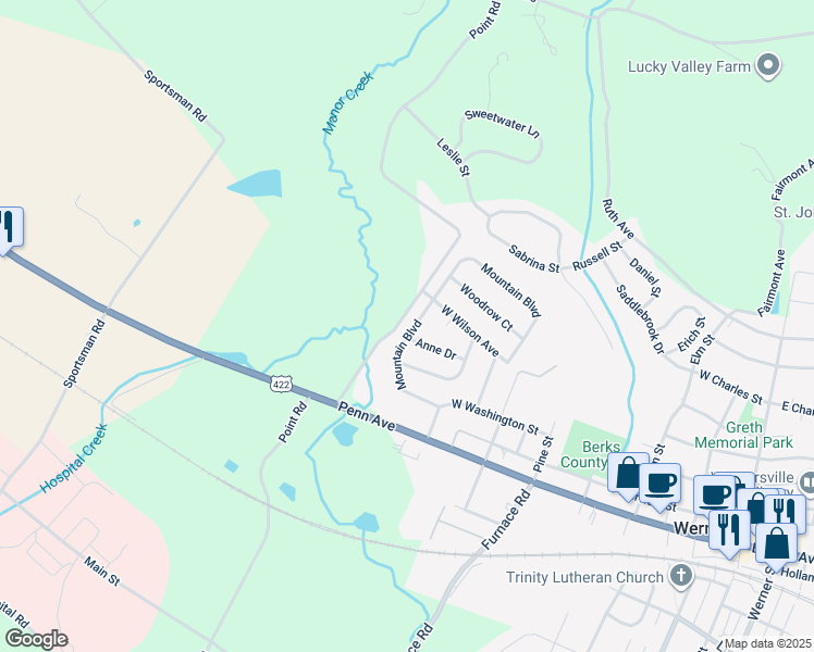 map of restaurants, bars, coffee shops, grocery stores, and more near 214 Mountain Boulevard in Wernersville
