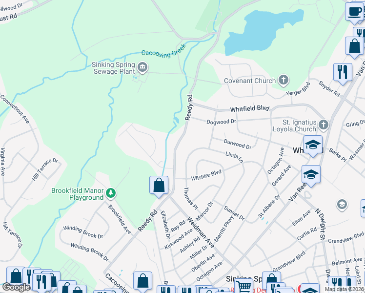 map of restaurants, bars, coffee shops, grocery stores, and more near 2926 Reedy Road in Sinking Spring