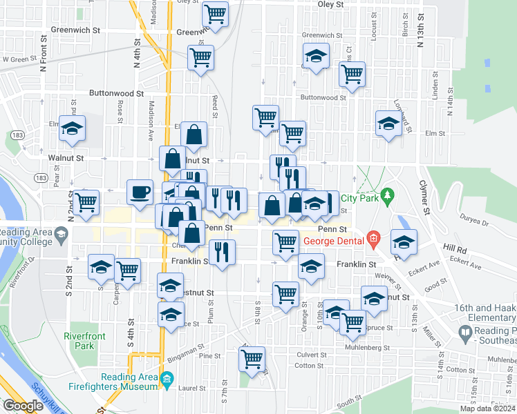 map of restaurants, bars, coffee shops, grocery stores, and more near 54 North 8th Street in Reading
