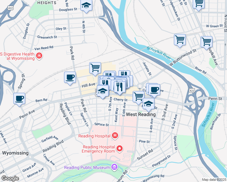 map of restaurants, bars, coffee shops, grocery stores, and more near 646 Reading Avenue in West Reading