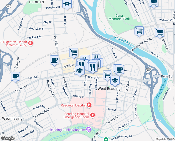 map of restaurants, bars, coffee shops, grocery stores, and more near 646 Reading Avenue in West Reading