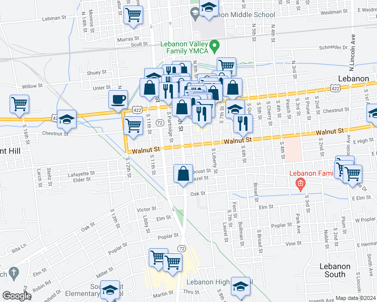 map of restaurants, bars, coffee shops, grocery stores, and more near 820 Benjamin Franklin Highway in Lebanon