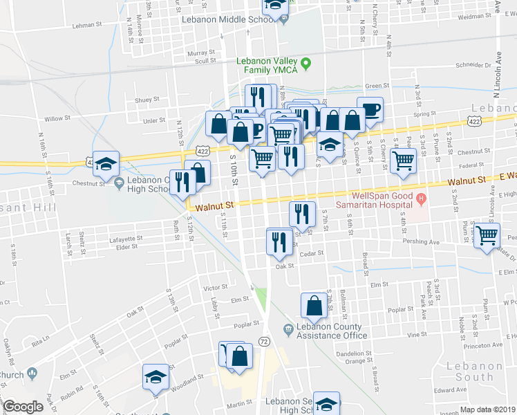 map of restaurants, bars, coffee shops, grocery stores, and more near 910 Walnut Street in Lebanon