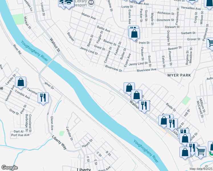 map of restaurants, bars, coffee shops, grocery stores, and more near 2105 Walnut Street in McKeesport