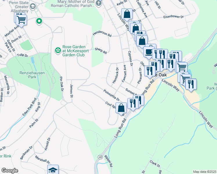 map of restaurants, bars, coffee shops, grocery stores, and more near 430 Oliver Drive in White Oak