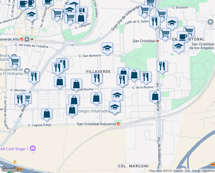 map of restaurants, bars, coffee shops, grocery stores, and more near 18 Calle de la Resina in Madrid