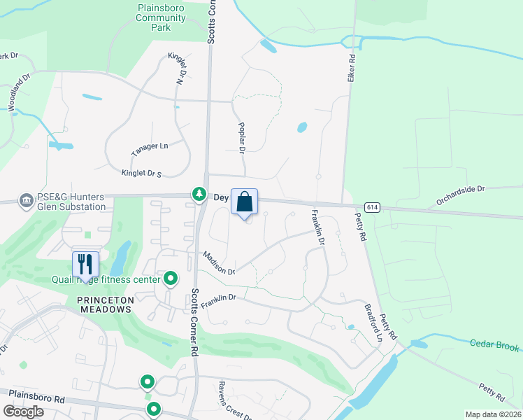 map of restaurants, bars, coffee shops, grocery stores, and more near 17 Adams Court in Plainsboro Township