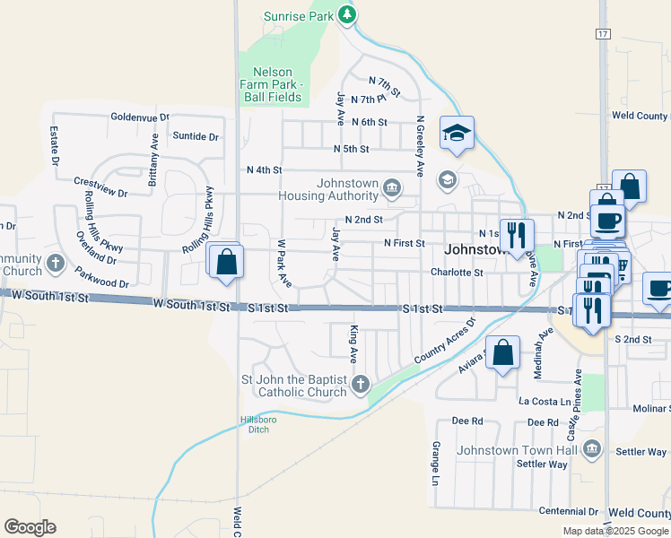 map of restaurants, bars, coffee shops, grocery stores, and more near 2 Jay Avenue in Johnstown
