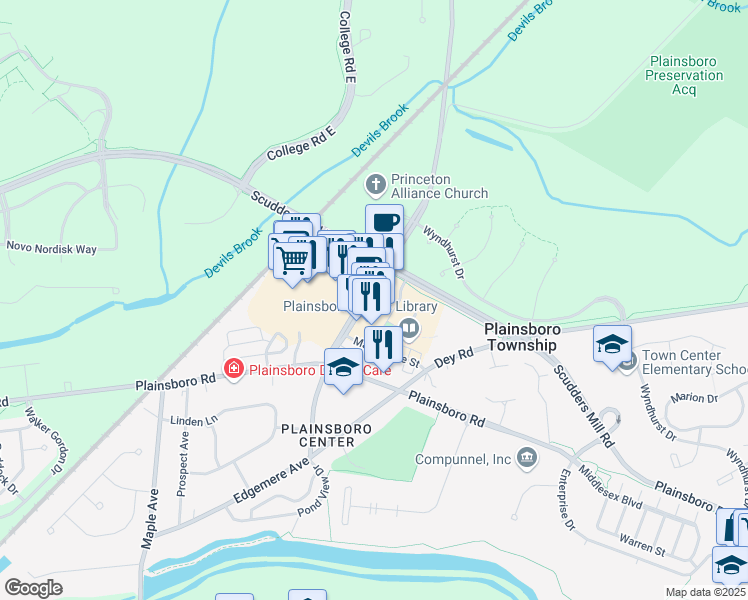 map of restaurants, bars, coffee shops, grocery stores, and more near 15 Schalks Crossing Road in Plainsboro Center