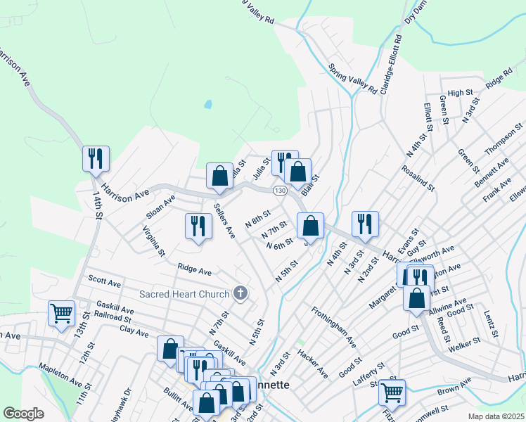 map of restaurants, bars, coffee shops, grocery stores, and more near 525 North 8th Street in Jeannette