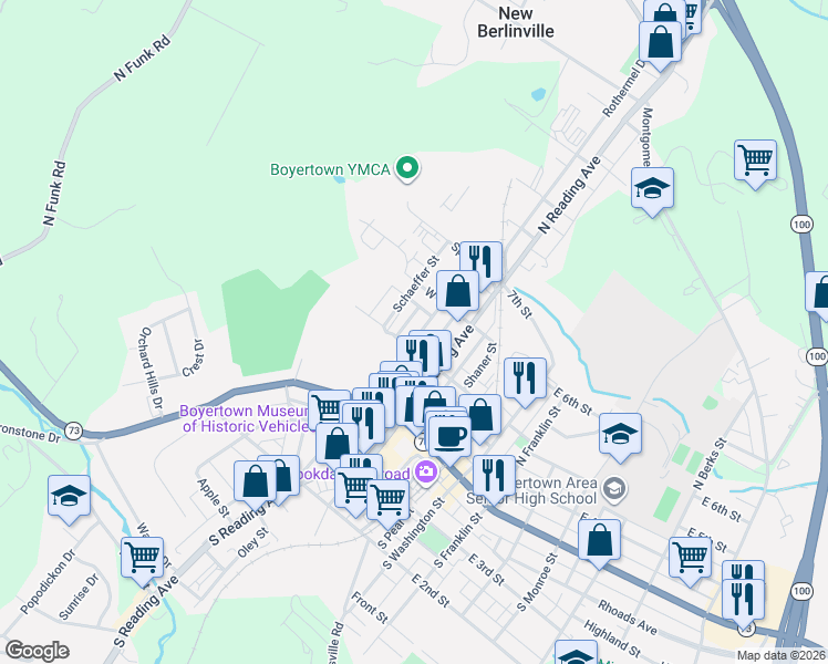 map of restaurants, bars, coffee shops, grocery stores, and more near 100 Schaeffer Street in Boyertown
